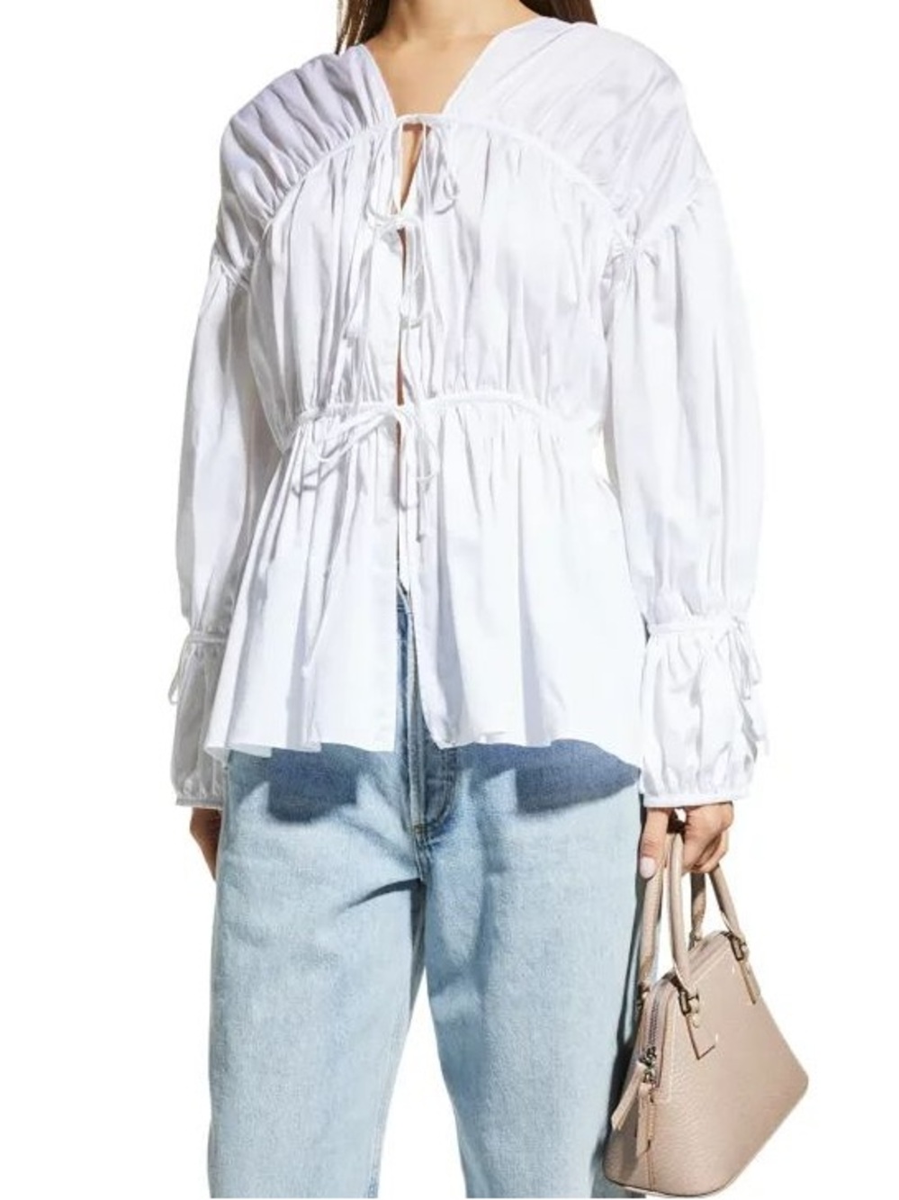 White Drawstring Peasant Blouse with Gathered Panels mimosa brand size medium